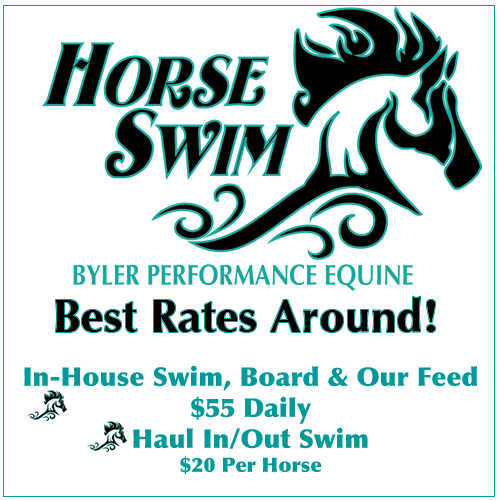 Best rates around: in-house swim, board and our feed $55 daily. Haul in/out swim $20 per horse.
